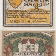 Satrup-Notgeld-Holstein-50 Pfennig und 1 Mark vom 26.5.1921 2Scheine