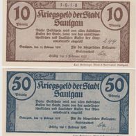 Saulgau-Notgeld-10-50 Pfennig vom 15.2.1918 bis1.2.1920, 2 Scheine