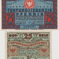 Scharmbeck-Notgeld-25 Pf. vom 1.3.1921 und 74 Pf. vom 1.3.1923, 2 Scheine