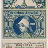 Scheeßel-Notgeld-50-75 Pf. und 1 Mark vom 1.10.1921 und 25 Pf. vom1.1.1921,4 Scheine