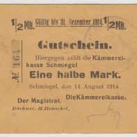 Schmiegel-Notgeld-Eine halbe Mark vom 14.8.1914, gebrauchte Erhaltung