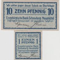Schneeberg-Neustädtel-1-10 Pfennig o. D. Erzgebirgische Bank, 2 Scheine