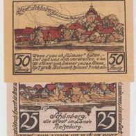 Schönberg-Notgeld-25-50 Pfennig bis Neujahr. 1923, 2 Scheine