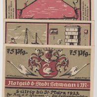 Schwaan-Notgeld-Mecklenburg 25-50-75 Pfennig bis 31.3.1922, 3 Scheine