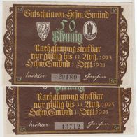 Schwäbisch-Gmünd-Notgeld-50-50 Pfennig vom 1.9.1921 2 Scheine