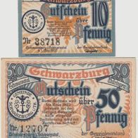 Schwarzburg-Notgeld-Thüringen-10-50 Pfennig vom 1.5.1921, 2 Scheine