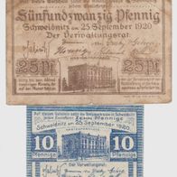 Schweidnitz-Notgeld-10-25 Pfennig vom 25.9.1920, davon 25 Pf, ist. gebraucht,2 Scheine