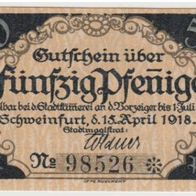 Schweinfurt-Notgeld-50 Pfennig vom 15.4.1918 bis 1.7.1919, 1 Schein