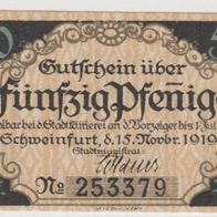 Schweinfurt-Notgeld-50 Pfennig vom 15.11.1919 bis 1.7.1920,1 Schein