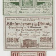 Schweinitz-Notgeld-10-25-50 Pfennig vom 15.1.1921, 3 Scheine