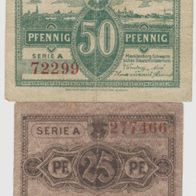 Schwerin-Notgeld-25-50 Pfennig Serie A bis1.5.1922 stark gebraucht, 2 Scheine