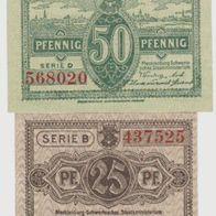 Schwerin-Notgeld-25-50 Pfennig Serie B und D bis 1.5.1922, 2 Scheine