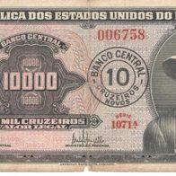 Brazil Banknote 10 Cruzeiros Novos 1967 C125 / P-189b Serial 1071 N. 006758