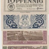 Siegburg-Notgeld-10-10-25-50 Pfennig vom 20.3.1921, 4 Scheine