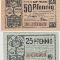 Simmern-Notgeld 25-50 Pfennig vom 1.9.1918 und 19.9.1919, 2 Scheine