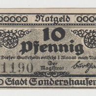 Sondershausen-Notgeld-10 Pfennig von 1921 Possenturm, 1 Schein