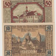 Sorau-Notgeld-10-50 Pfennig vom 1.3.1921 ,2 Scheine