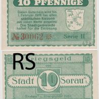 Sorau-Notgeld-10 Pfennig von 1917 bis 1.2.1919 Serie II, Kz . rot,1 Schein selten