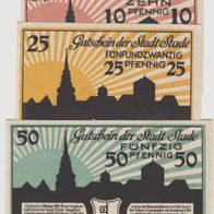 Stade-Notgeld-10-25-50 Pfennig vom 1.5.1920, 3 Scheine,