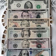 USA - 7 Banknoten 1 Dollar - 100 Dollars - UNC