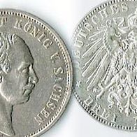 3 Mark Silbermünze - Friedrich August König von Sachsen VZ