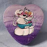 Diddl geprägte Metalldose Herzdose Herzform Diddl trägt Diddlina auf dem Arm alt Rari