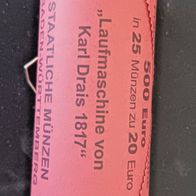 25 Stück / Rolle 20 Euro 925 Silber 2017, Laufmaschine von Karl Drais 1817