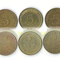BRD 3 Stück 5 Pfennig Münzen 1982,1991,1995 - SS, SS-VZ, SS