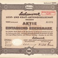 Sachsenwerk Licht- und Kraft- Aktiengesellschaft - Aktie über 1000 RM - Dresden 1935