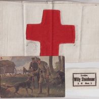 Rotes Kreuz Armbilde gestempelt 1916, Wäscheaufnäher und Ansichtskarte als Anschauung