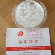 Panda Münze 1989 Proof PP 50 Yuan 5 OZ Silber mit Zertifikat