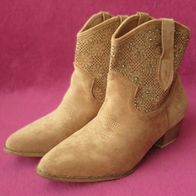 NEU: Damen Cowboy Stiefel Gr. 40 41 Strass Stiefelette beige Kurz Stiefel Boots