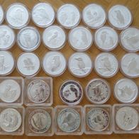 Komplette Kookaburra Serie 1990-2025 / 36 x 1Unze Münzen Feinsilber