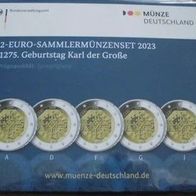 5 x 2 Euro Gedenkmünzen BRD 2023 "1275. Geburtstag Karl der Große" A-J, PP, OVP
