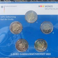 5 x 2 Euro Gedenkmünzen BRD 2023 "1275. Geburtstag Karl der Große" A-J, St, OVP