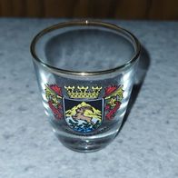 Souvenir-Schnapsglas mit Goldrand und Wappen