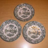 3 Untertassen, grün-weiß, Häuser, Bäume, Blumen