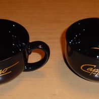 2 Cappuccinotassen, schwarz mit Schriftzug "Cappuccino"