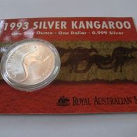 Australien Kangaroo 1993, 1 oz 999 Silber, 1 Dollar, original auf Karte