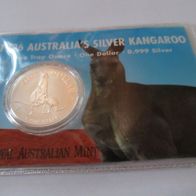 Australien Kangaroo 1996, 1 oz 999 Silber, 1 Dollar, original auf Karte