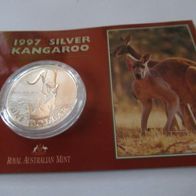 Australien Kangaroo 1997, 1 oz 999 Silber, 1 Dollar, original auf Karte