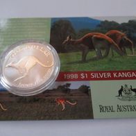 Australien Kangaroo 1998, 1 oz 999 Silber, 1 Dollar, original auf Karte