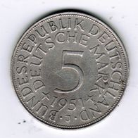 5 DM - Deutsche Mark - Münze - Silberadler - 1951 J - Heiermann