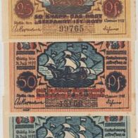 Stettin-Notgeld 25,50,75 Pf. vom1.1.1922, Überduck Seefahrt ist Not.3 Scheine