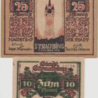 Straubing-Notgeld 10,25 Pf. vom 1.10.1918 bis1.1.1921, Büttenpapier, 2 Scheine