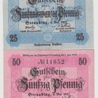 Straubing-Notgeld 25,50 Pfennig vom 4.5.1917 bis 1.1.1919, 2 Scheine nicht häufig