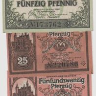 Striegau-Schlesien-Notgeld 25,25,50 Pfennig vom 19,6.1920, 3 verschiedene Scheine