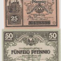 Striegau-Schlesien-Notgeld 25,50 Pfennig vom 17,1.1920 und 30.3.1920, 2 Scheine