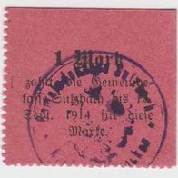 Sulzbach-Saar-Notgeld Eine Mark bis 15.9.1914 mit-Stempel, Karton rot