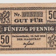 Swinemünde-Notgeld 50 Pfennig vom 15.7.1918. Nr. 075752, nicht häufig